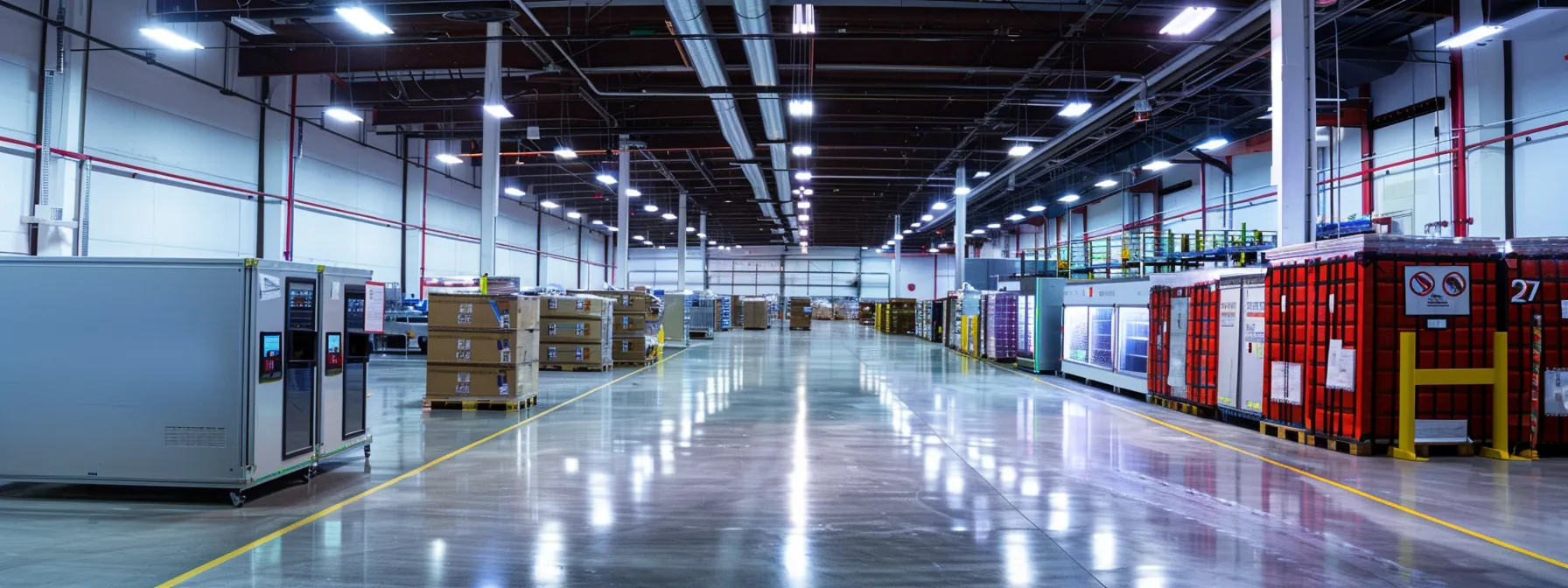 a sleek retail environment showcases an array of countertop display freezers, prominently arranged on polished warehouse pallets, with bright overhead lighting accentuating their features and vibrant product displays.