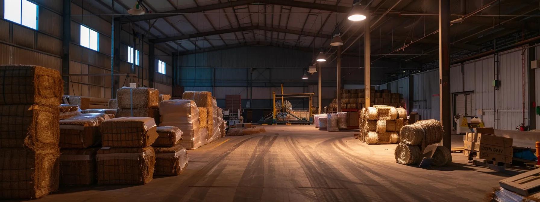 a sleek, modern warehouse interior, featuring well-maintained balers in operation, illuminated by bright overhead lights, emphasizing efficiency and organization in a bustling industrial environment.