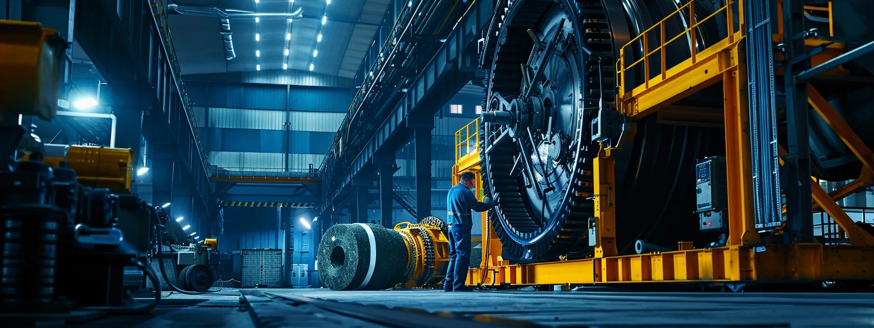 a close-up of a technician inspecting a complex warehouse baler in a bustling industrial environment, illuminated by harsh fluorescent lighting, emphasizing the intricacies of machinery maintenance and repair.