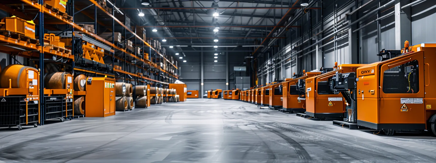 a sleek, modern warehouse interior showcases an array of industrial balers, each labeled with clear price tags and specifications, illuminated by focused overhead lighting that highlights the machinery’s robust features against a backdrop of neatly organized storage spaces.