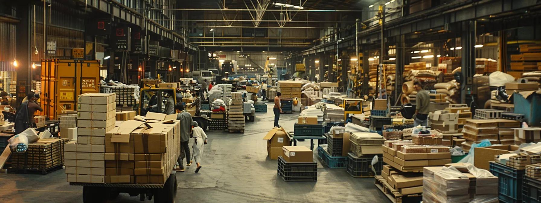 a bustling warehouse setting filled with stacks of commercial business equipment, as workers efficiently load items onto trucks in preparation for a dynamic online liquidation auction.