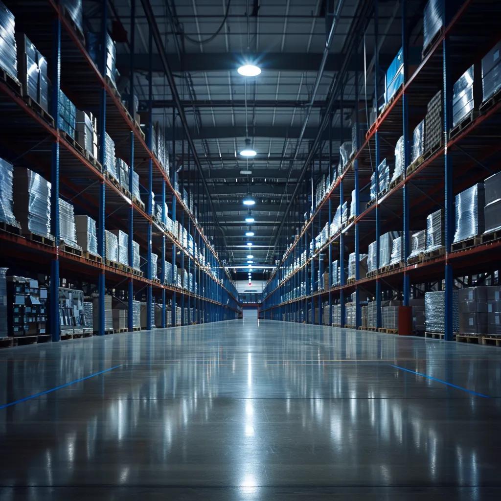 a sleek, modern warehouse interior showcasing innovative shelving systems designed for optimal space utilization and efficiency, illuminated by bright overhead lights that accentuate the organized and streamlined layout.