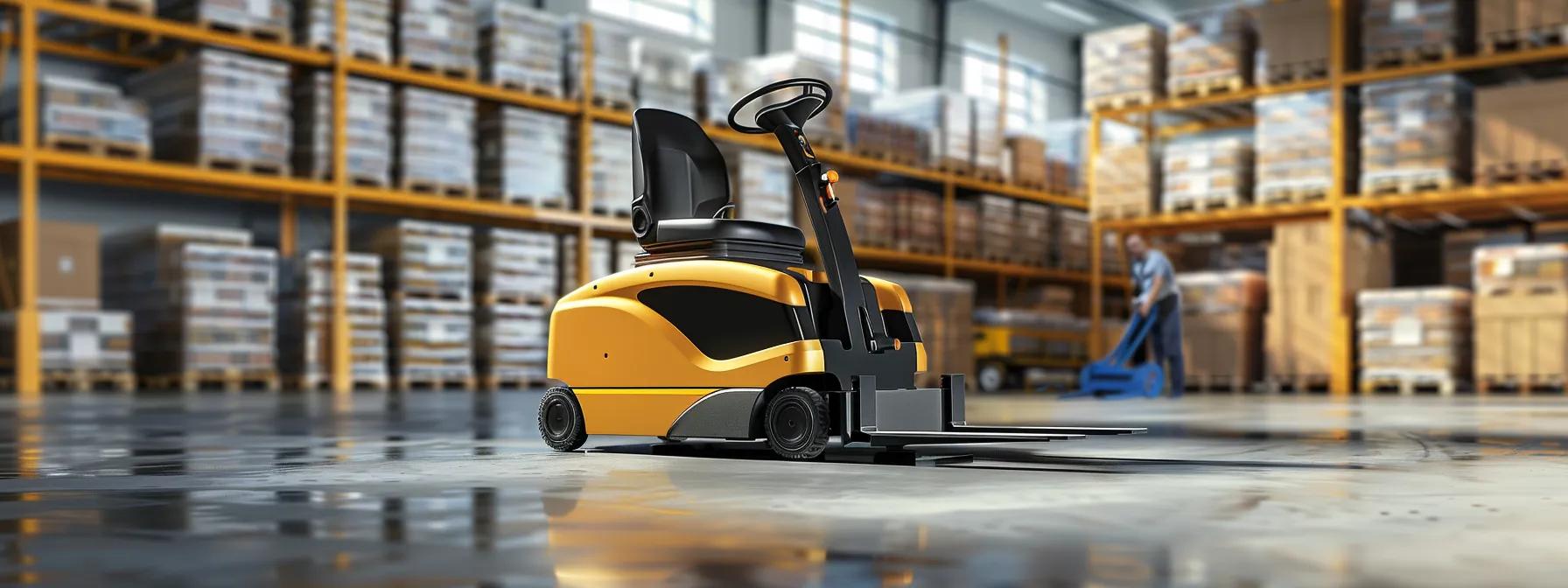 a modern warehouse bustling with activity, showcasing a sleek pallet jack prominently in action against a backdrop of stacked goods and workers efficiently managing inventory.