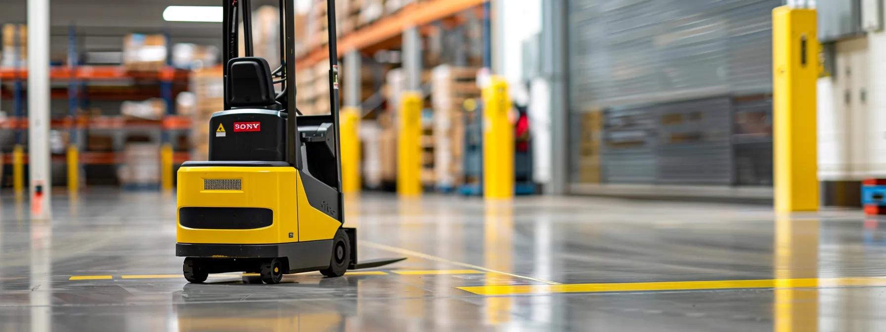 a focused warehouse scene showcases a pallet jack being operated safely, with vivid safety signage prominently displayed in the background, highlighting crucial safety tips in a well-organized industrial setting.
