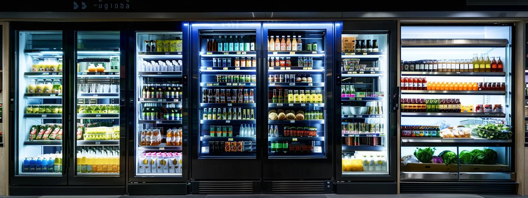 a sleek, modern commercial kitchen showcases a variety of glass-fronted display refrigerators, highlighting an array of colorful beverages and gourmet food items under bright, focused led lighting.