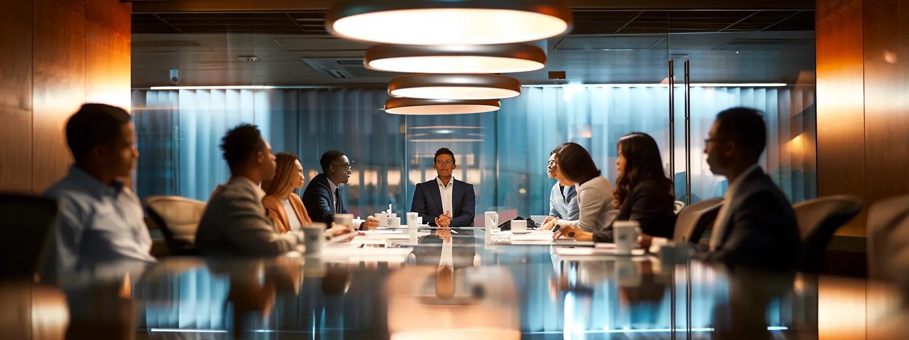 Liquidation vs Bankruptcy a tense yet focused office scene showcasing a solemn business meeting in a sleek conference room, where a diverse group of professionals discusses bankruptcy options around a polished glass table, illuminated by dramatic overhead lighting.