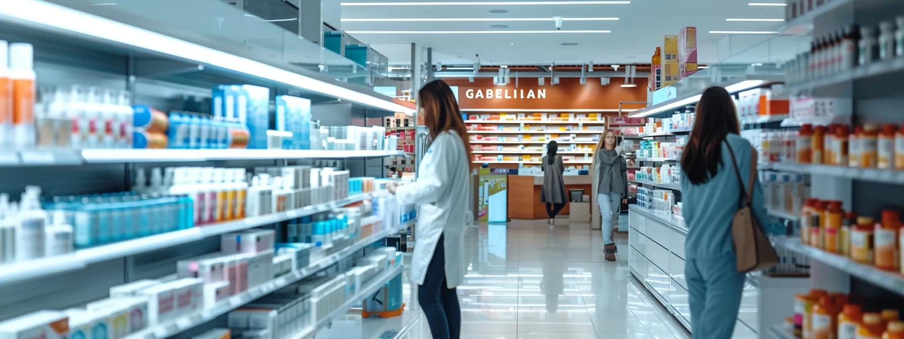 a sleek, modern pharmacy interior showcases a digital display of integrated compounding technology, with pharmacists engaging in high-tech workflows amidst a backdrop of organized shelves filled with colorful medication containers.