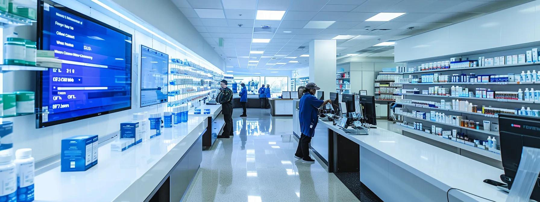 a sleek, modern pharmacy workspace bustling with advanced inventory management technology, featuring digital screens displaying real-time stock levels and pharmacists engaged in streamlined operations under bright, efficient lighting.
