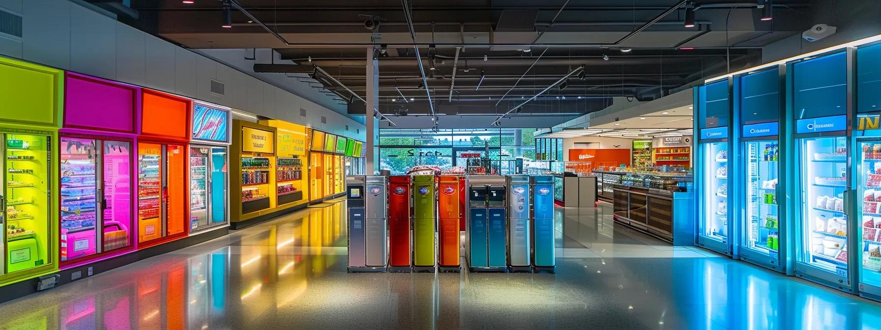 Retail Display Coolers a sleek, modern retail space showcases an array of eye-catching portable retail coolers, illuminated by bright overhead lighting that emphasizes their vibrant colors and innovative designs.