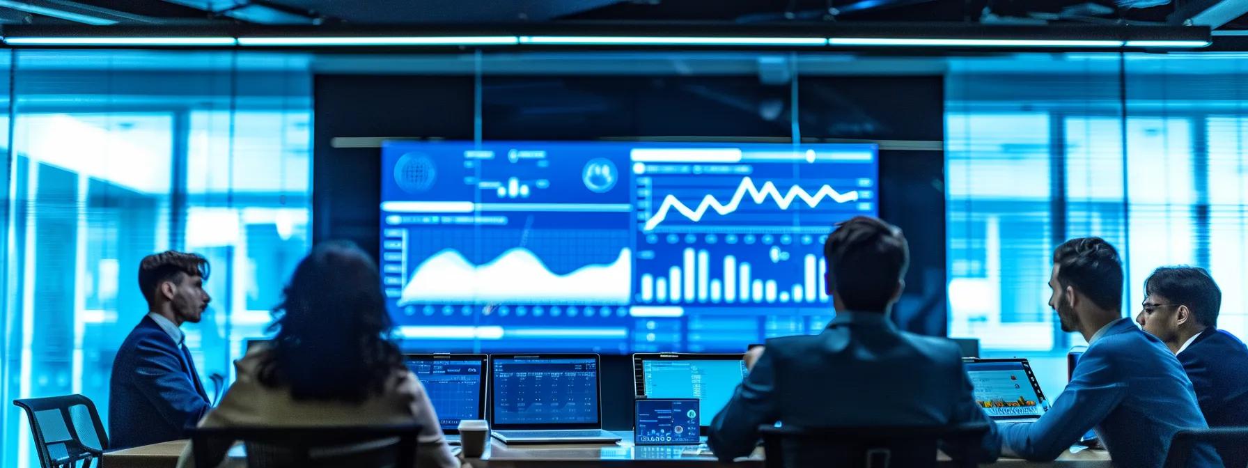Multilocation Bankruptcy a sleek, modern office conference room featuring a large digital screen displaying data analytics, with diverse professionals engaged in a strategic discussion about tailored financial solutions for multi-location bankruptcies.