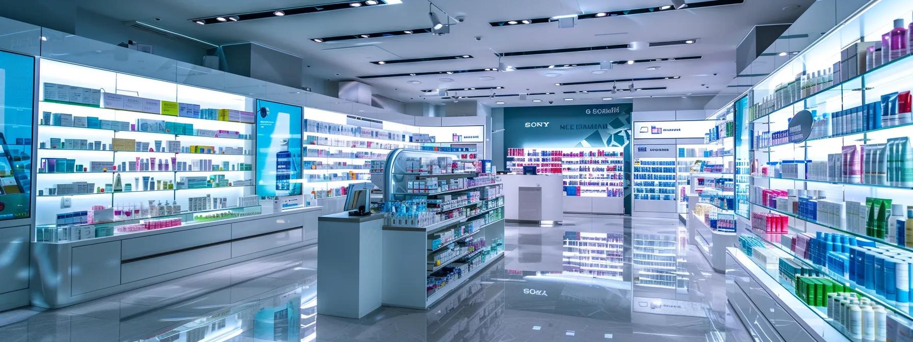 a sleek, modern pharmacy interior showcases advanced inventory management technology, with digital screens displaying real-time data and organized shelves filled with a variety of pharmaceutical products under bright, focused lighting.